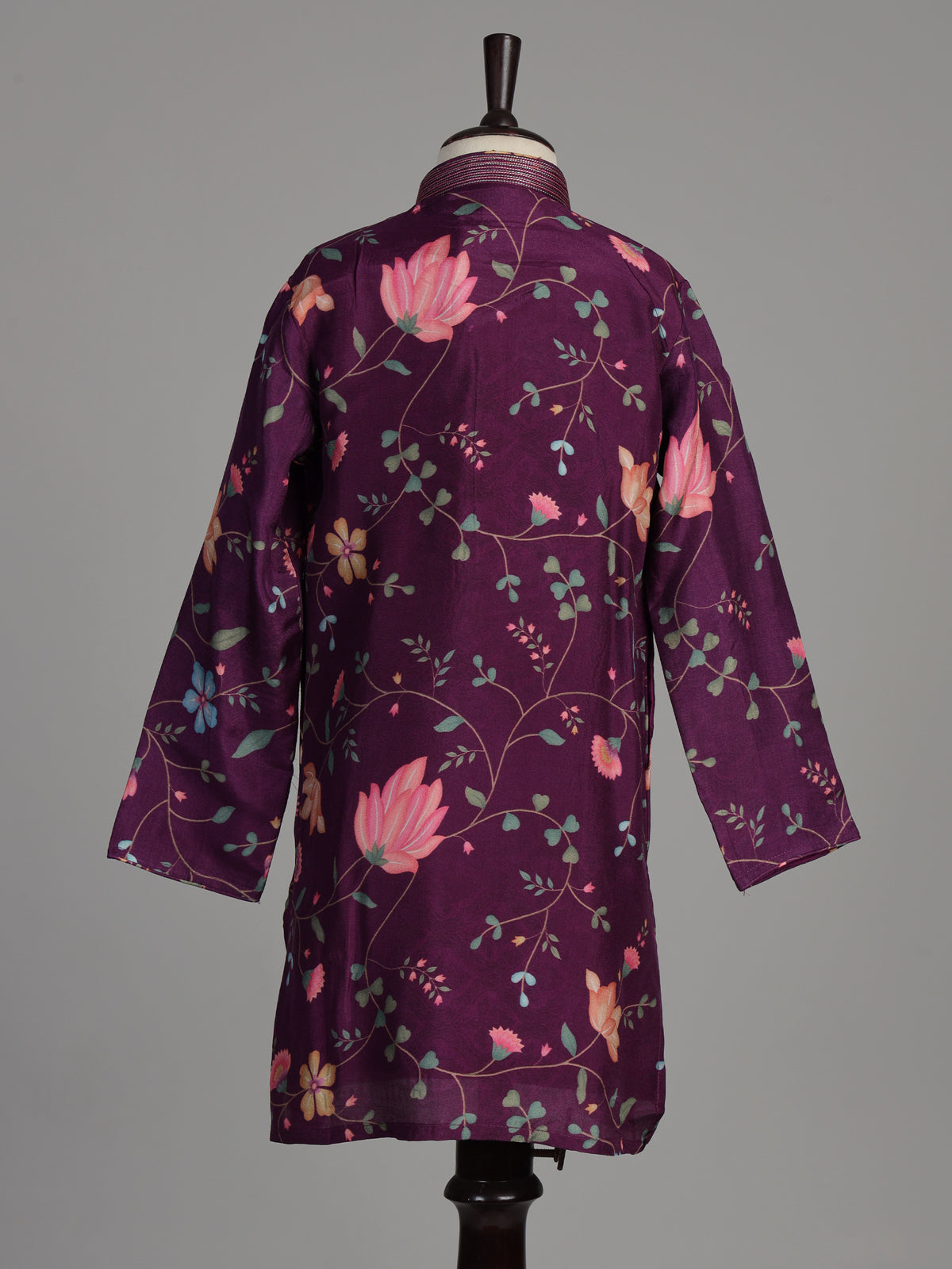Royal violet silk blend boys kurta suit with floral vine print