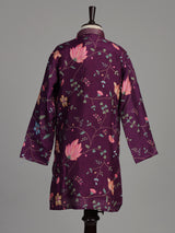 Royal violet silk blend boys kurta suit with floral vine print