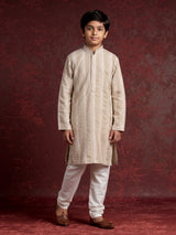 Oatmeal beige cotton silk boys kurta suit with botanical embroidery
