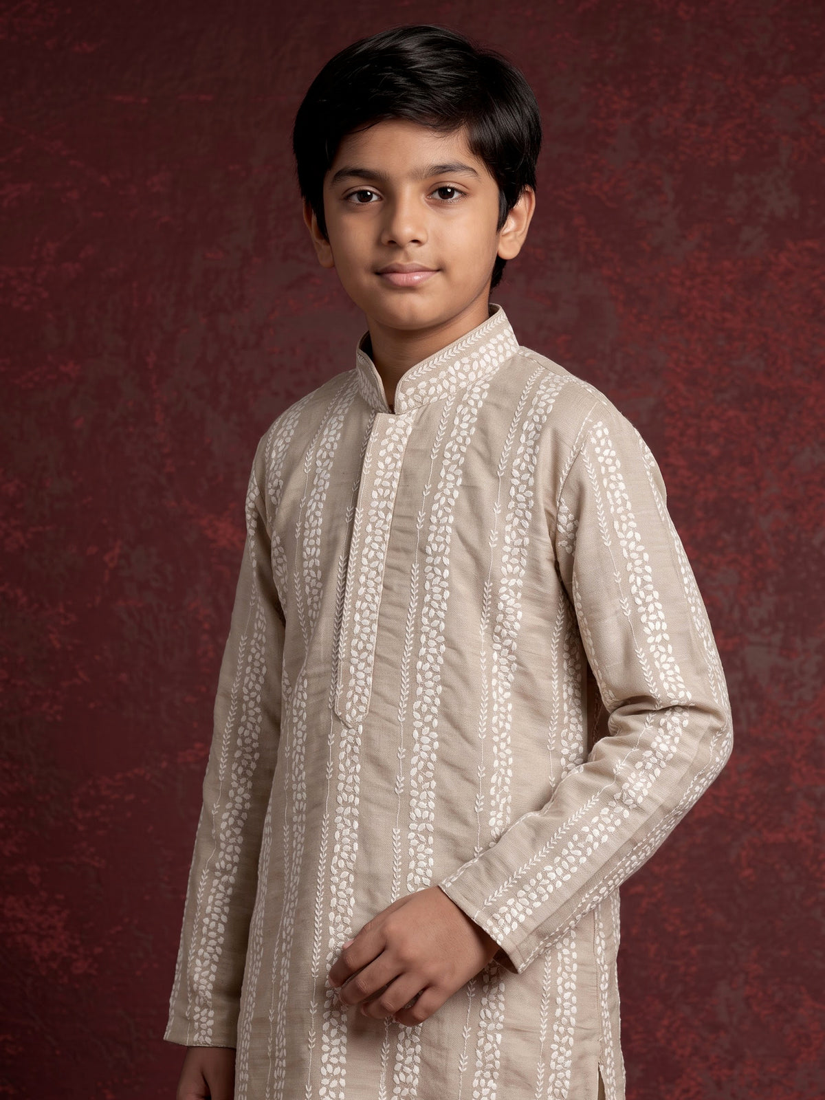 Oatmeal beige cotton silk boys kurta suit with botanical embroidery