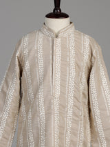 Oatmeal beige cotton silk boys kurta suit with botanical embroidery