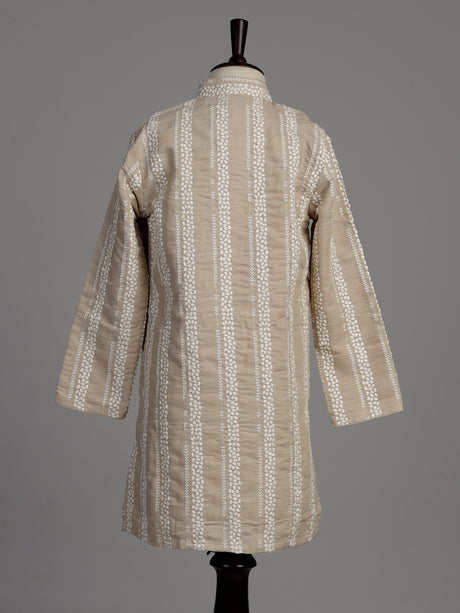 Oatmeal beige cotton silk boys kurta suit with botanical embroidery