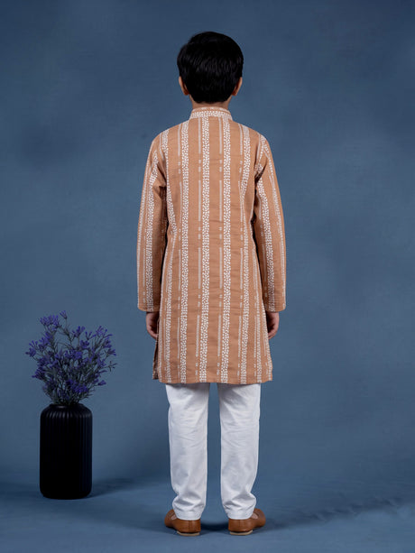 Peach cotton silk boys kurta suit with elegant white threadwork