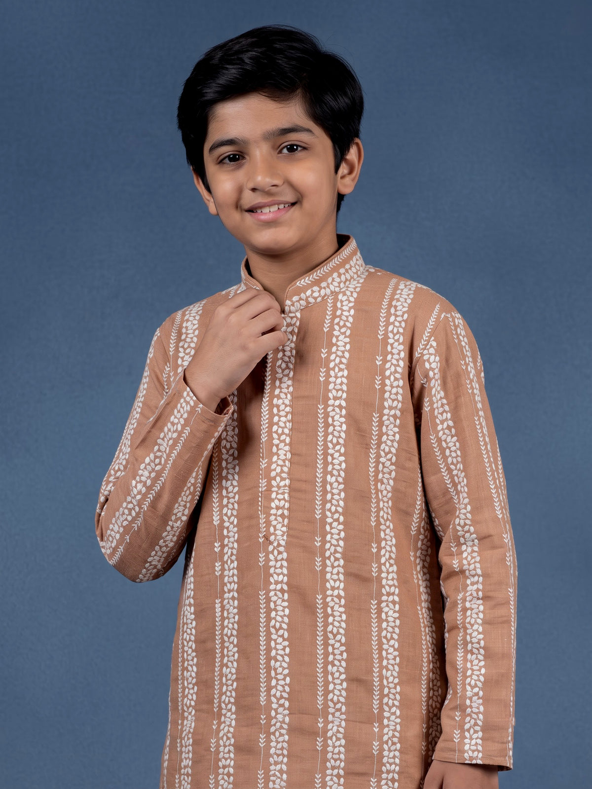 Peach cotton silk boys kurta suit with elegant white threadwork