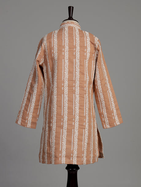Peach cotton silk boys kurta suit with elegant white threadwork