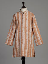 Peach cotton silk boys kurta suit with elegant white threadwork