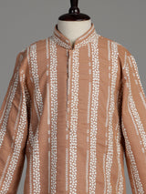 Peach cotton silk boys kurta suit with elegant white threadwork