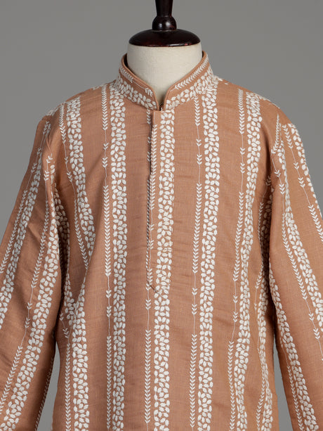 Peach cotton silk boys kurta suit with elegant white threadwork
