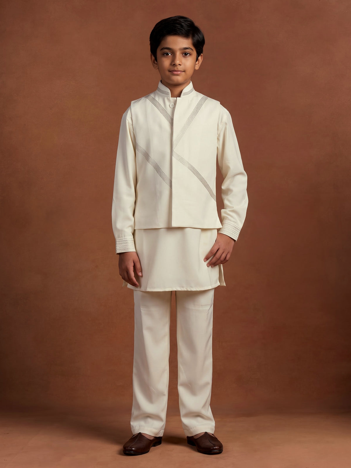 Cream silk blend boys waistcoat set with metallic geometric embroidery