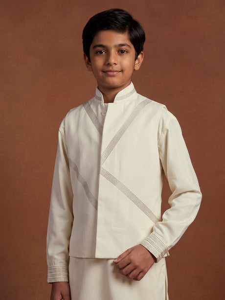 Cream silk blend boys waistcoat set with metallic geometric embroidery