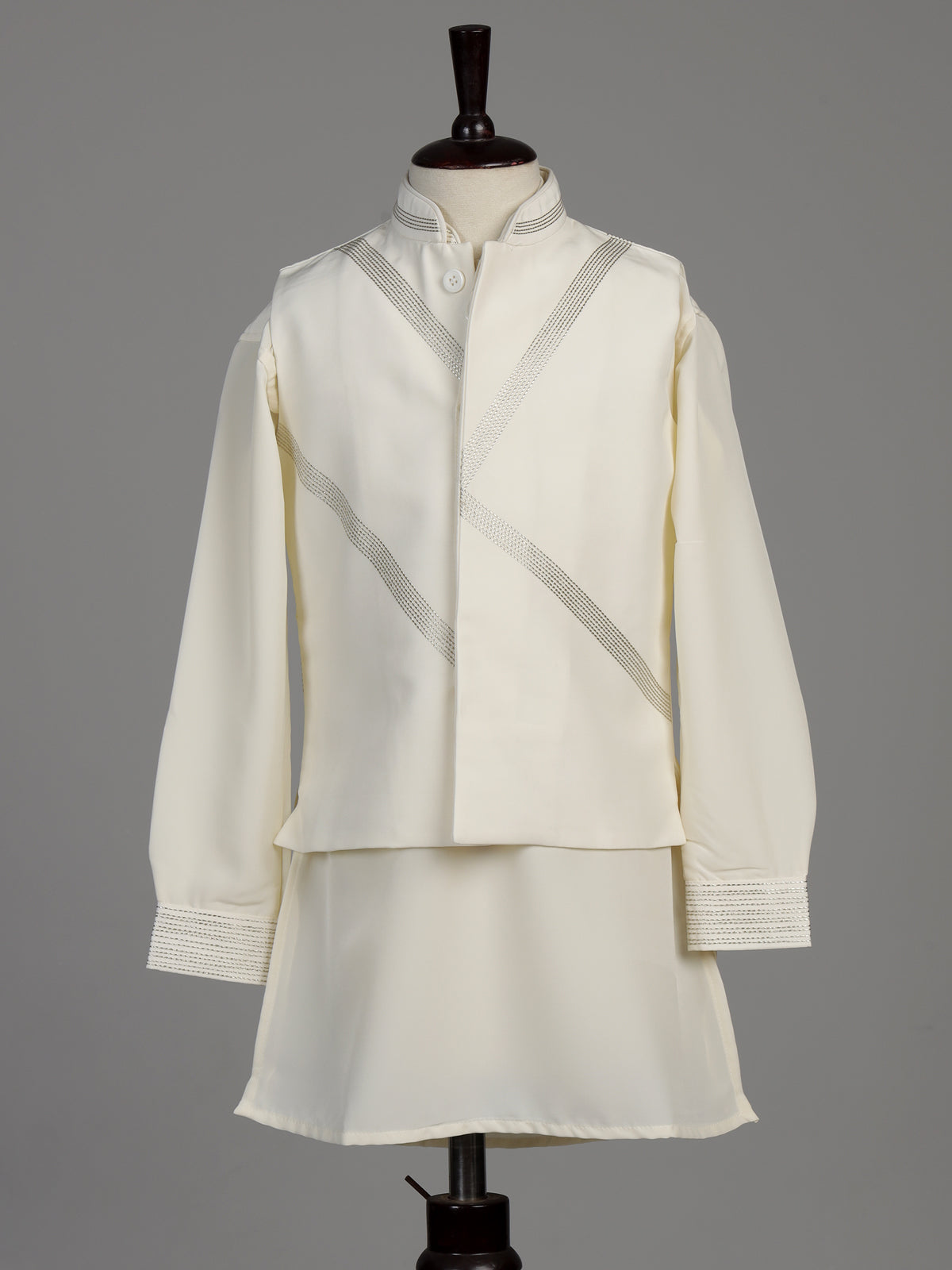 Cream silk blend boys waistcoat set with metallic geometric embroidery