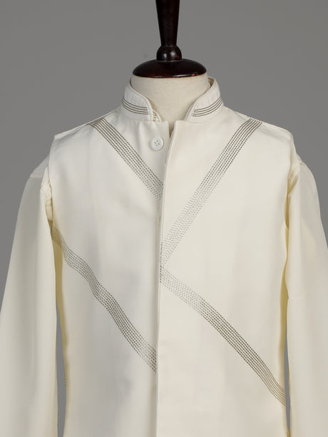 Cream silk blend boys waistcoat set with metallic geometric embroidery