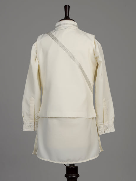 Cream silk blend boys waistcoat set with metallic geometric embroidery