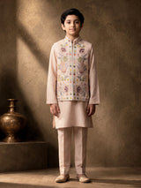 Soft blush pink silk blend boys waistcoat set with sequin work