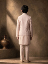 Soft blush pink silk blend boys waistcoat set with sequin work