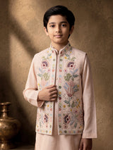 Soft blush pink silk blend boys waistcoat set with sequin work
