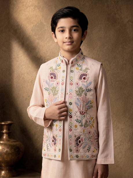 Soft blush pink silk blend boys waistcoat set with sequin work