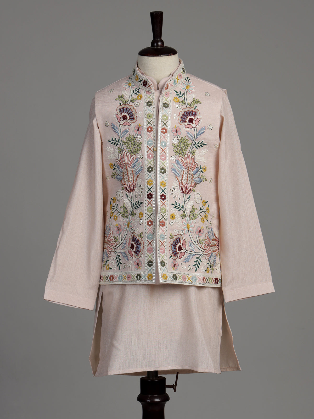 Soft blush pink silk blend boys waistcoat set with sequin work