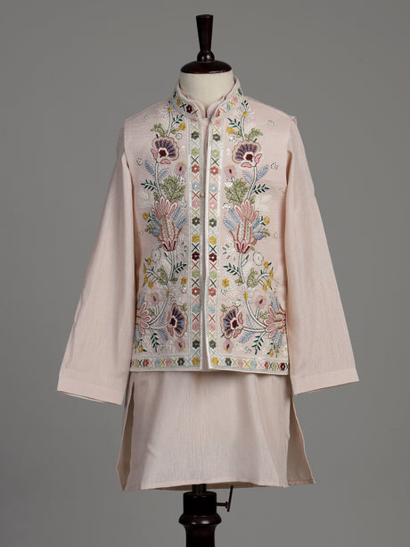 Soft blush pink silk blend boys waistcoat set with sequin work