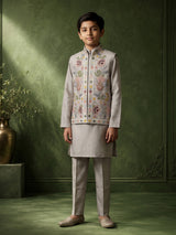 Silver-grey silk blend boys waistcoat set with floral sequin detailing