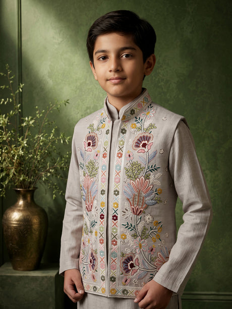 Silver-grey silk blend boys waistcoat set with floral sequin detailing