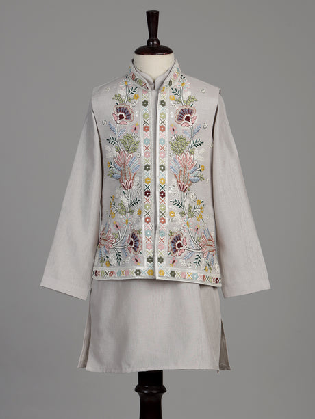Silver-grey silk blend boys waistcoat set with floral sequin detailing