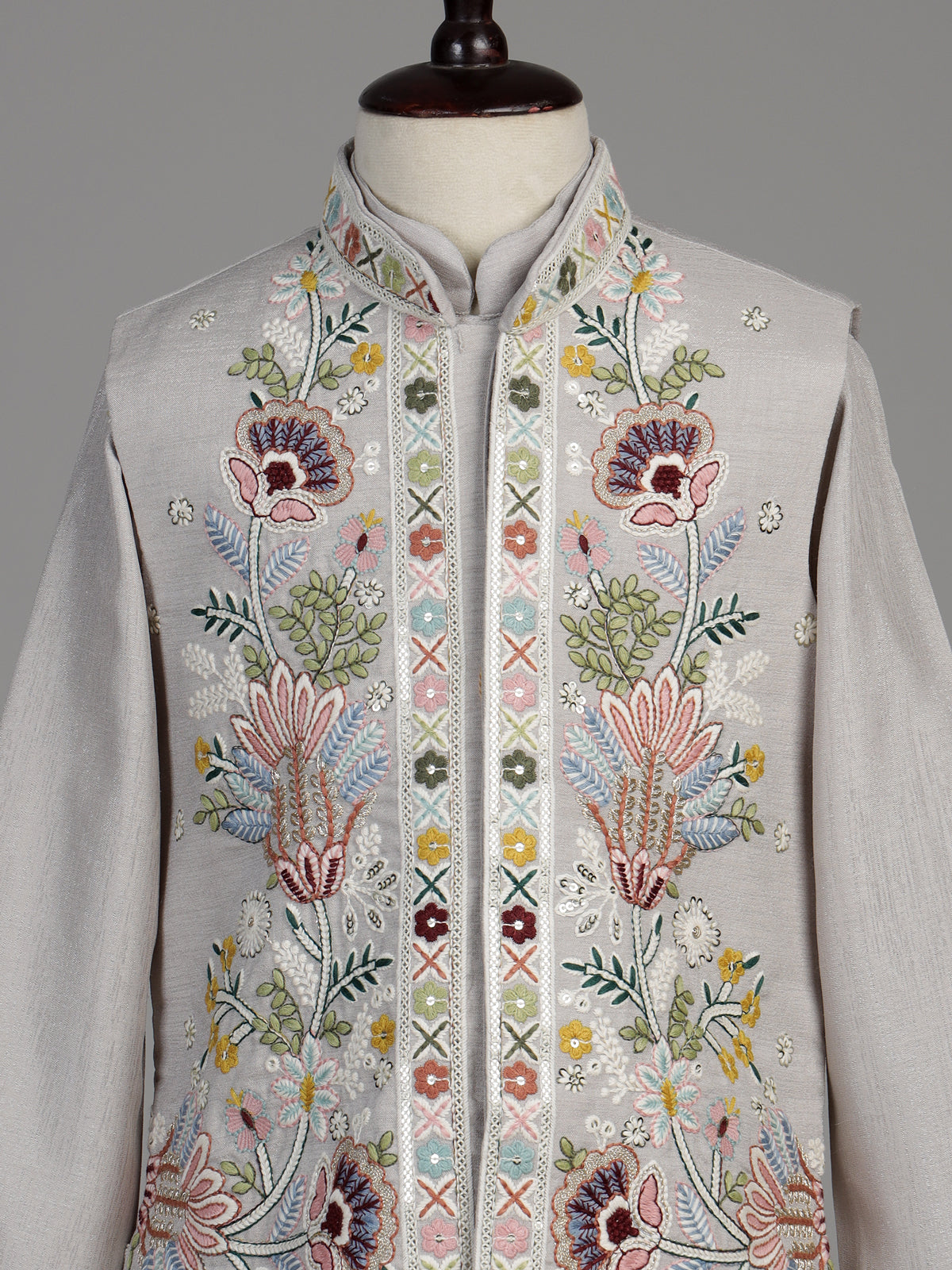 Silver-grey silk blend boys waistcoat set with floral sequin detailing