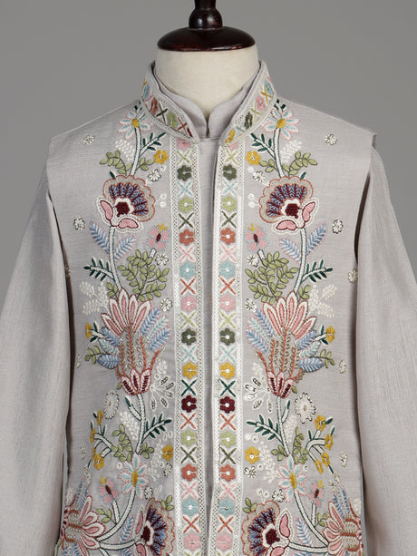 Silver-grey silk blend boys waistcoat set with floral sequin detailing