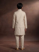 Natural beige silk blend boys waistcoat set with multicolour embroidery