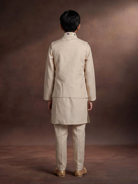 Natural beige silk blend boys waistcoat set with multicolour embroidery