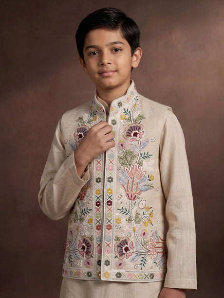 Natural beige silk blend boys waistcoat set with multicolour embroidery