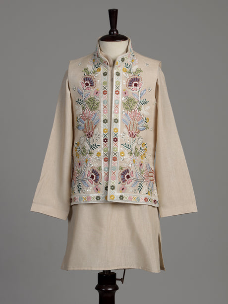 Natural beige silk blend boys waistcoat set with multicolour embroidery