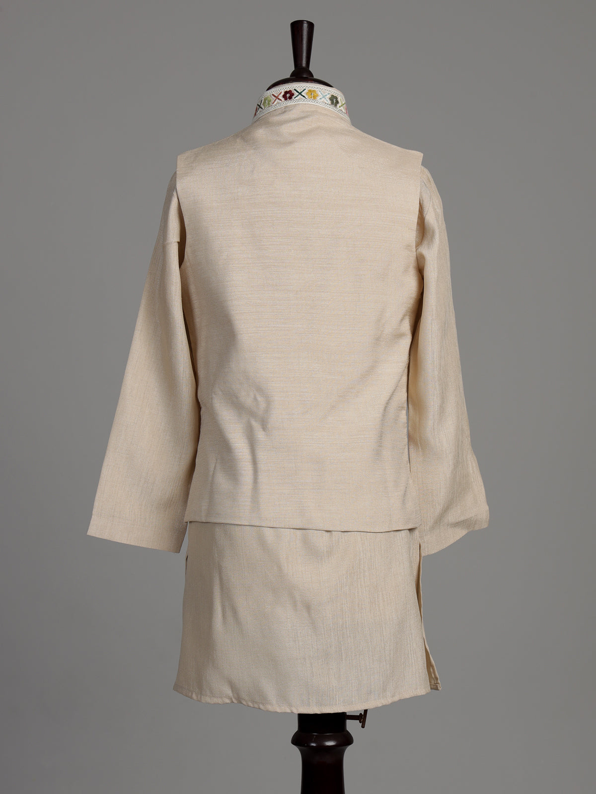 Natural beige silk blend boys waistcoat set with multicolour embroidery