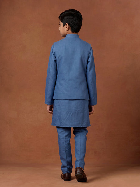 Cadet blue linen silk boys waistcoat set with ivory floral embroidery
