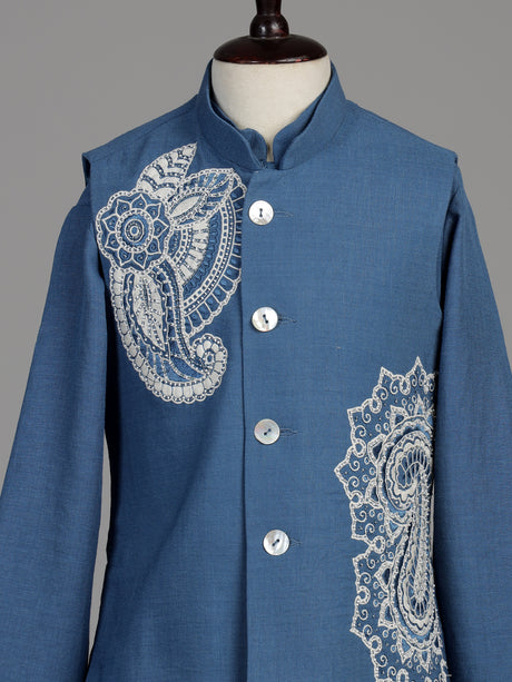 Cadet blue linen silk boys waistcoat set with ivory floral embroidery