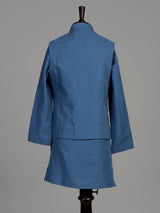 Cadet blue linen silk boys waistcoat set with ivory floral embroidery