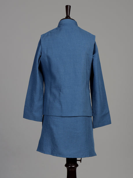 Cadet blue linen silk boys waistcoat set with ivory floral embroidery