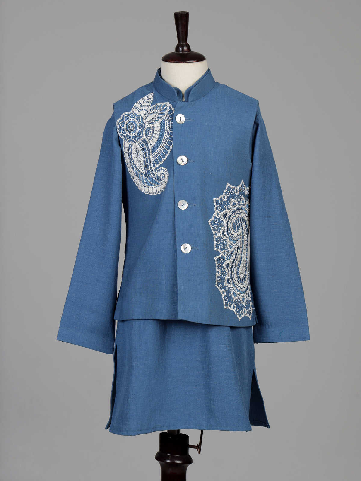 Cadet blue linen silk boys waistcoat set with ivory floral embroidery