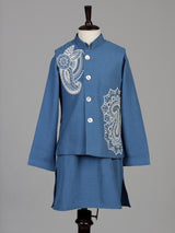 Cadet blue linen silk boys waistcoat set with ivory floral embroidery