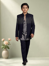 Dark navy blue terry rayon boys Indo-Western suit with black sequin detailing