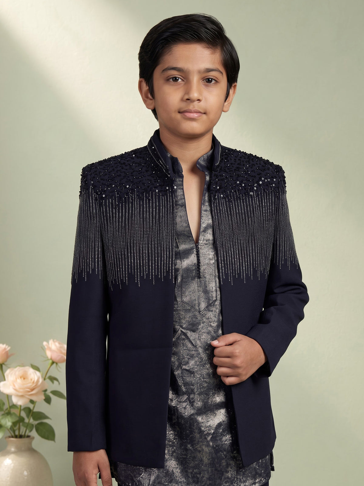 Dark navy blue terry rayon boys Indo-Western suit with black sequin detailing