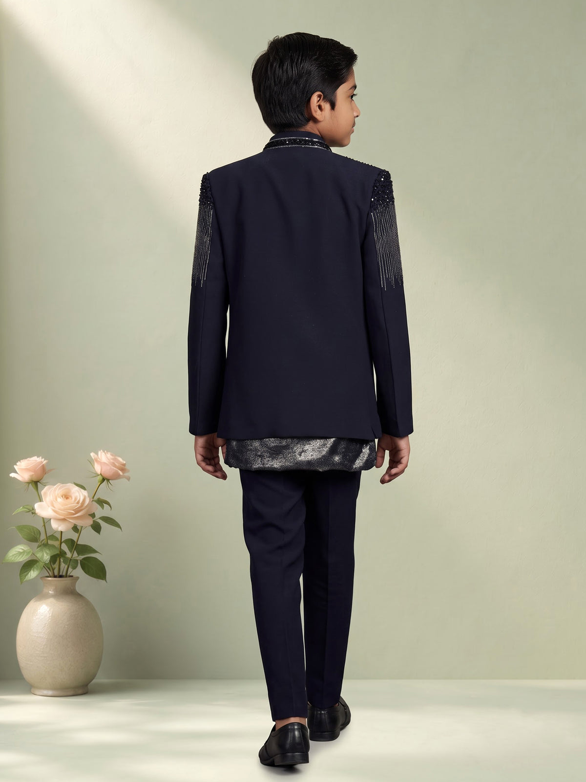 Dark navy blue terry rayon boys Indo-Western suit with black sequin detailing