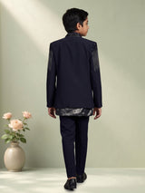 Dark navy blue terry rayon boys Indo-Western suit with black sequin detailing
