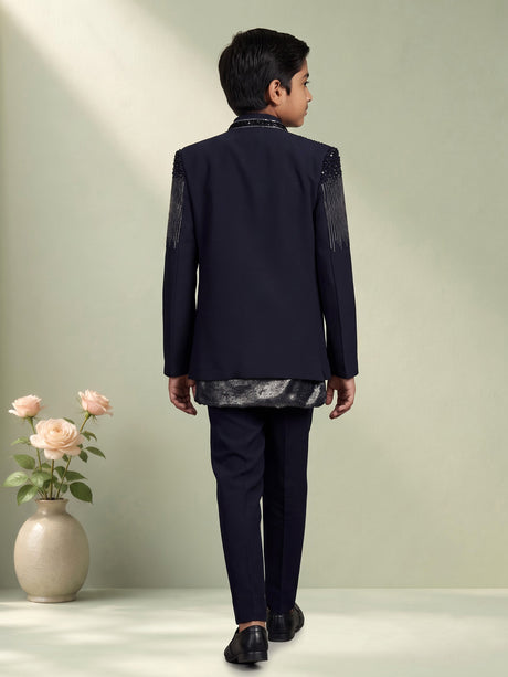 Dark navy blue terry rayon boys Indo-Western suit with black sequin detailing