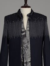 Dark navy blue terry rayon boys Indo-Western suit with black sequin detailing