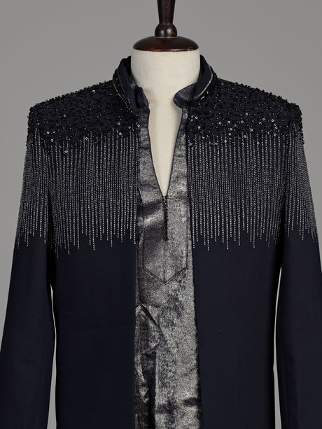 Dark navy blue terry rayon boys Indo-Western suit with black sequin detailing