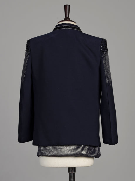 Dark navy blue terry rayon boys Indo-Western suit with black sequin detailing
