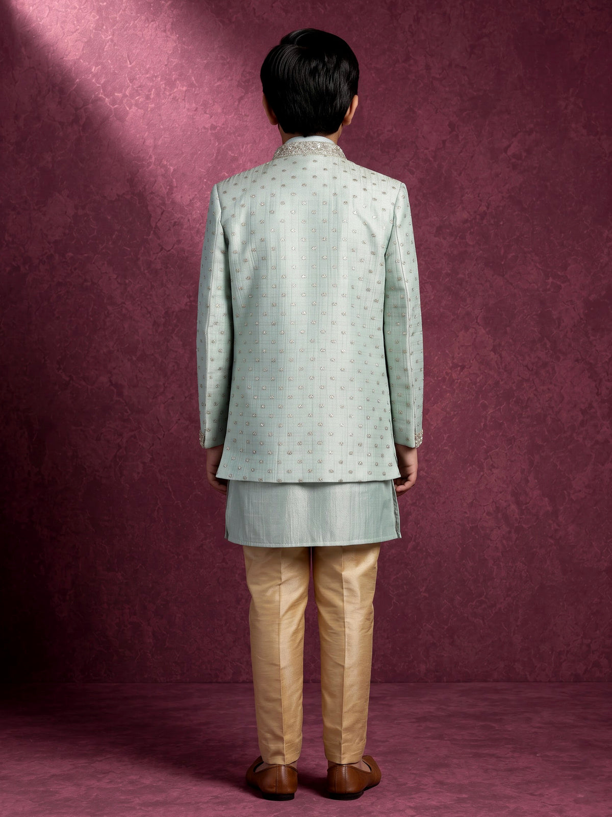 Pastel mint green silk boys Indo-Western suit with ornate floral embellishments