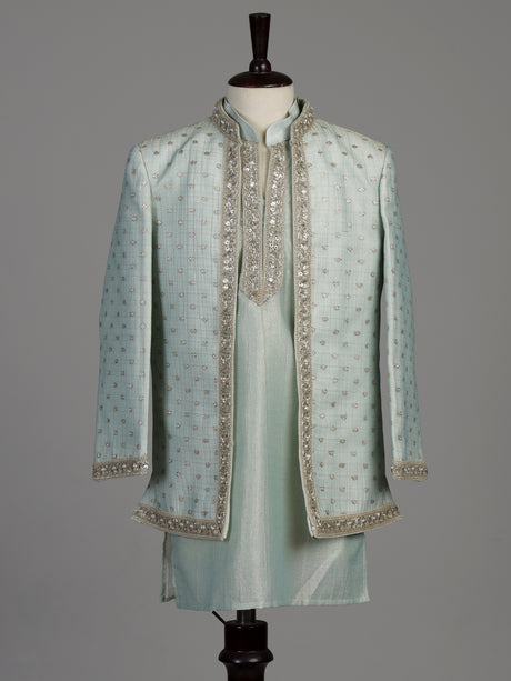 Pastel mint green silk boys Indo-Western suit with ornate floral embellishments