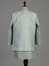 Pastel mint green silk boys Indo-Western suit with ornate floral embellishments